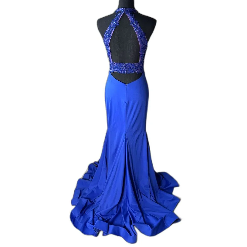 1006 Size 6 Morilee royal blue illusion halter gown mermaid slit train backless - Picture 3 of 5